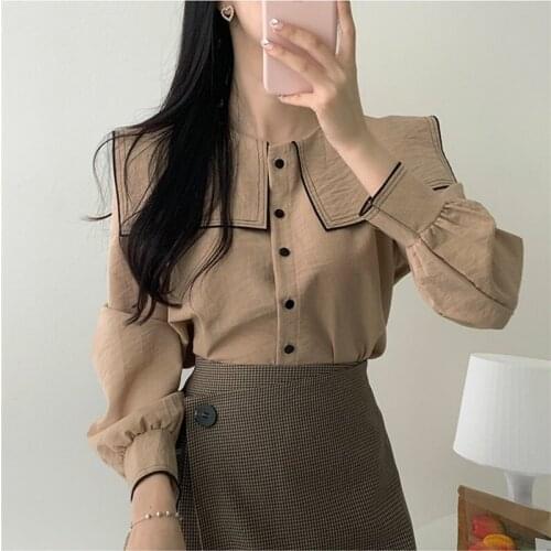 New Vintage solid brown Shirt female Oversize Tops Women Long sleeve Girls Blouse Plus Size Autumn Women Blouses femme Blusas
