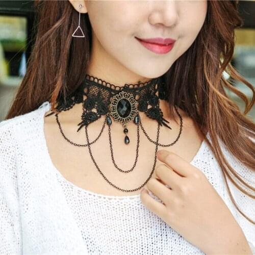 Sexy Gothic Chokers Black Stone Lace Neck Collares Choker Necklace Vintage Victorian Women Chocker for Halloween Cosplay Jewelry