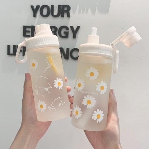 500ML Cute Daisy Plastic Water Bottles With Straw Portable Clear Frosted BPA Free Water Bottle For Kids Students Drinking Cup