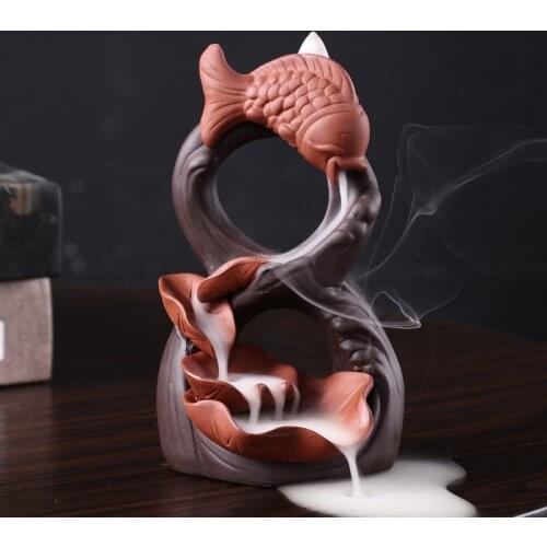 Goldfish Backflow Incense Burner Holder Lotus Smoke Waterfall Ceramic Incense Base for Home Yoga Aromatherapy Relaxation Gifts