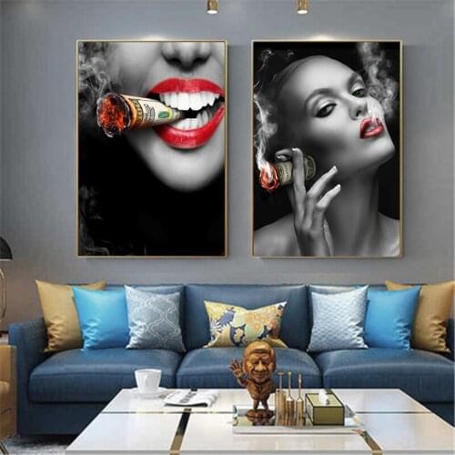 Sexy Lips Smoking Money Girls Canvas Art Posters and Prints Modern Canvas Paintings on The Wall Pictures for Living Room Decor