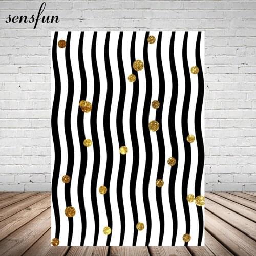 Sensfun Black And White Striped Backdrop Gold Glitter Little Dots Backgrounds For Photo Studio 5x7FT Vinyl
