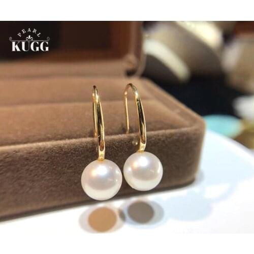 KUGG PEARL 18k Yellow Gold Earrings 9-10mm Natural Freshwater White Pearl Earrings Dangle Earrings OL INS Lady Design