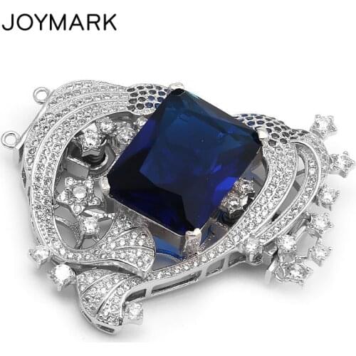 Royal Blue Crystal 2 Strands Heart Shape Silver Clasp Zircon Pave S925 Sterling Silver Connector For Pearl Necklace SC-CZ022