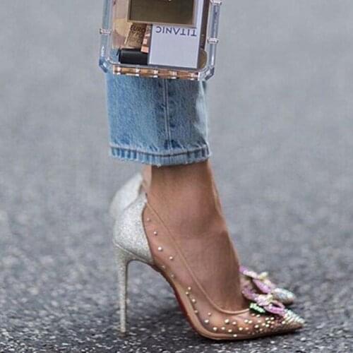 Pumps Shoes For Brides Pointed Toe Mesh Thin Heels Crystal Flowers High Heels Sandals Women Single Shoes Slip-on Wedding Shoes