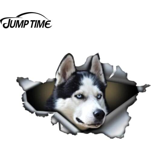 Jump Time 13cm x 8.8cm Black white Husky Sticker Torn Metal Bumper Decal Funny Car Stickers Window Trunk Animal 3D Car Styling