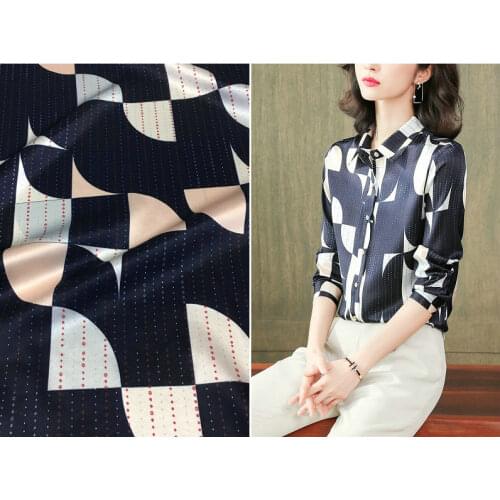 High fashion silk fabric navy blue irregular geometric printing heavy stretch silk satin shirt fabric