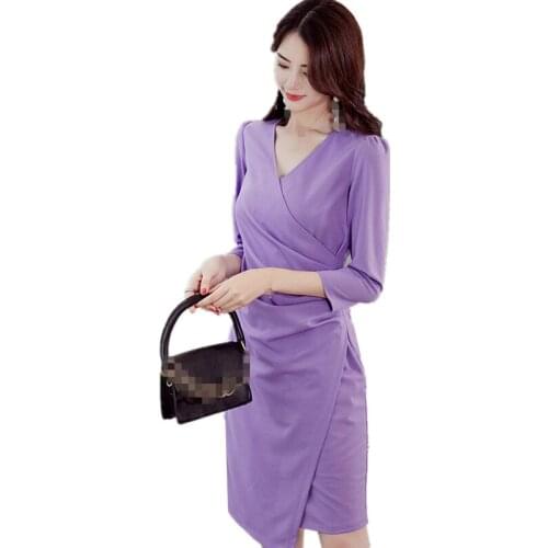 ZB3705 2020 autumn and winter new big size show thin fashionable casual womens joker pure color slim dress cheap wholesale