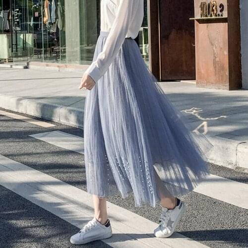 High Waist Pink Tulle Mid Skirts Womens Pin Bead Pleated Yarn Skirt Women Spring Soft Girl Fairy Skirt Women Spring Summer