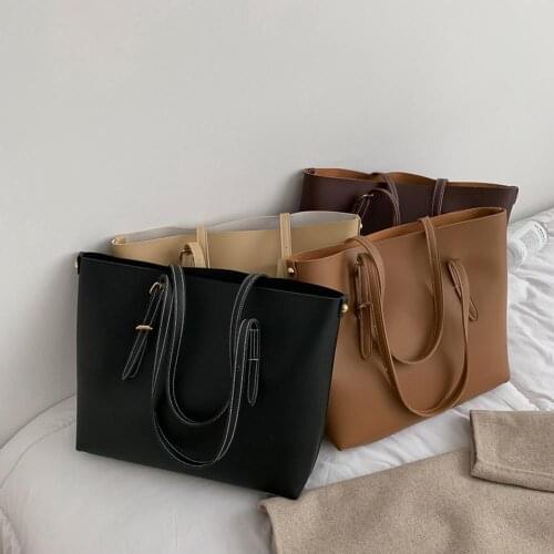 Fashion 2pcs/Set Solid Color Women PU Leather Shoulder Handbags Large Capacity Tote Clutches Top-handle Shopping Bags
