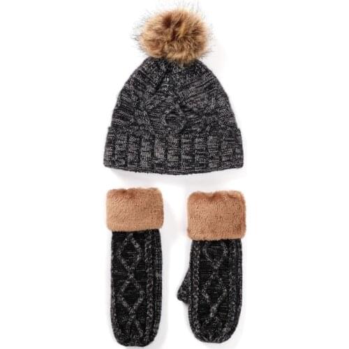 2Pcs Women Winter Cable Knit Beanie Hat with Full Finger Gloves Mittens Set Thicken Thermal Plush Lined Pompom Skull Cap