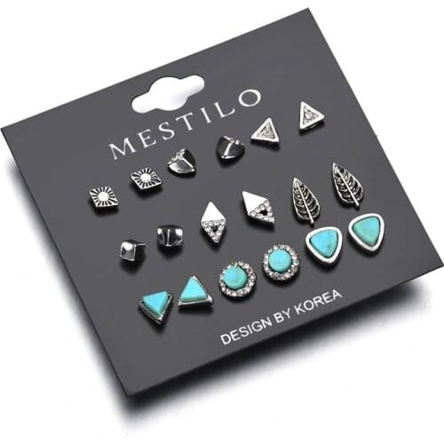 2019 New American Eco-friendly Women Free Lead Leaf Round Triangle Rhinestones Natural Stone Earrings Set For Xmas Lovers Gift