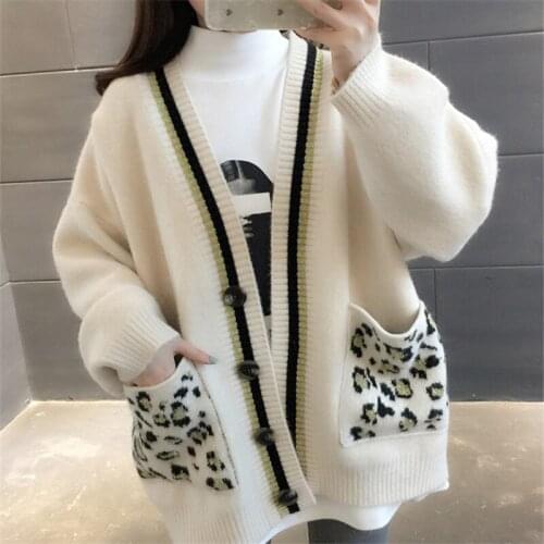 Autumn Winter New Loose Leopard Big Pocket Sweater Women Knitting Cardigan 4 Color V-Neck Long Sleeve Knitted Jacket Coat Female