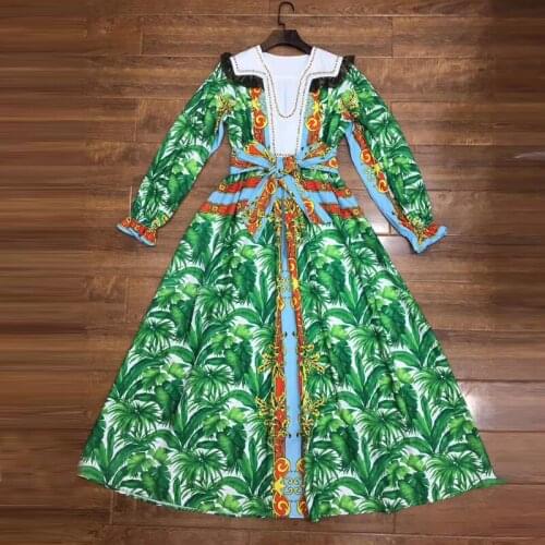 Fashion Women Runway 2021 Spring Summer Long Sleeve V-Neck Beading Ruffles Black Flower Print Green Holiday Dress