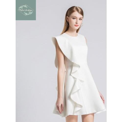 Mikas 2021 summer new arrival retro elegant feminine look Sleeveless Dress midwaist ruffle decorated womens party dress white