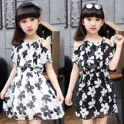 1 Pcs Girls Summer Chiffon Dresses Flower Print Princess Dresses Floral Casual Sling Strapless Dress