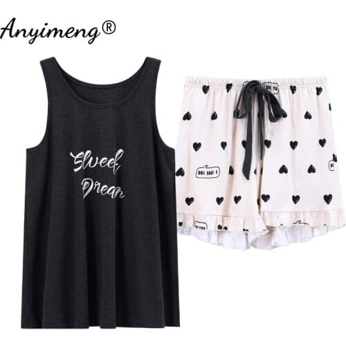 100% Cotton Pajamas Kawaii Hearts Good Dream Printing Home Clothing Soft Lounge Sets Fashion Sleepwear Sleeveless Pj Set Summer