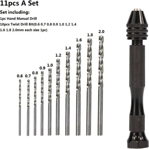 11pcs 0.6-3.0mm Hand Drill Set Jewelry Craft Hand Manual Drill HSS Mini Twist Drill Bit