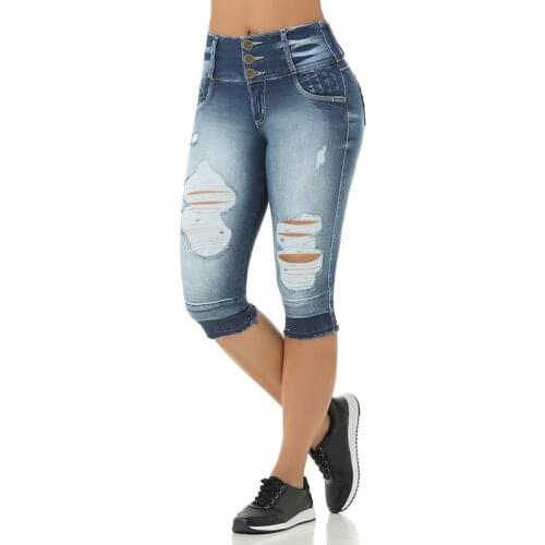 2021 Women Single-breasted Zipper Plus Size Destroyed Hole Leggings Short Pants Denim Shorts Ripped Jeans Blue Slim Capri pants