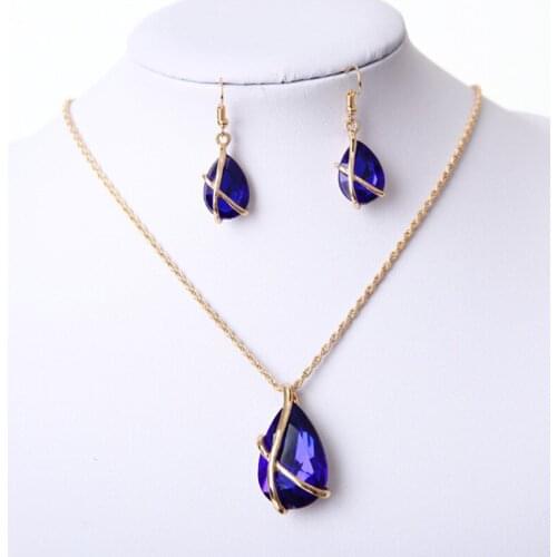 2021 Fashion Water Drop Jewelry Sets 4 Colors Clear Austria Crystal Drop Earrings and Pendant Necklace Sets Vintage Accessories