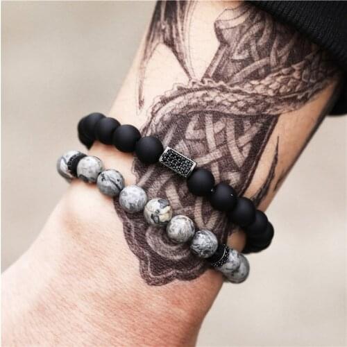 8mm Map Stone Beads Bracelet 2pcs/set Matte bead Men Bracelets For Women Handmade Armband Pulsera Hombre Pulseiras Masculina