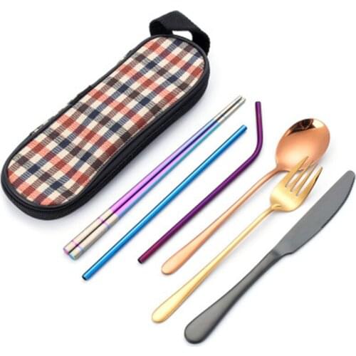 8Pcs/set Tableware Reusable Travel Camp Cutlery Set with stainless steel Spoon Fork Chopsticks mental Straw Portable case bag