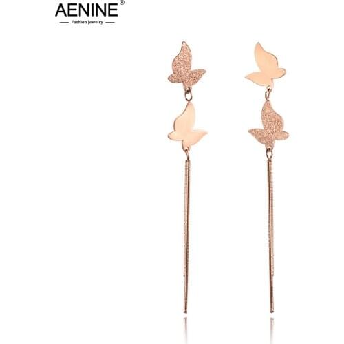 AENINE Glossy & Matte Butterflies Tassel Earrings Asymmetrical Jewelry Stainless Steel Rose Gold Earrings Mothers Day AE18103