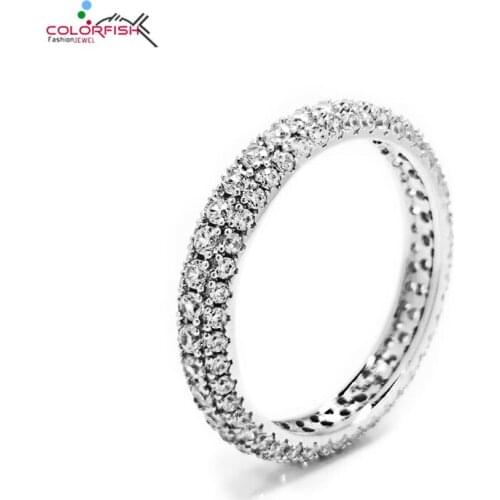 COLORFISH Classic Eternity Rings 925 Sterling Silver Round shape Cubic Zirconia Wedding Band Woman Jewelry Gift