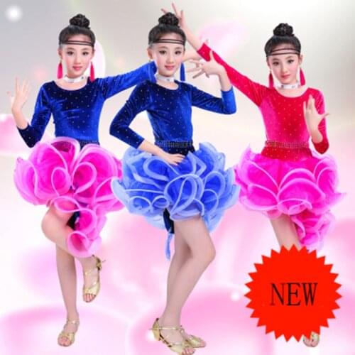 Childrens long-sleeved Latin dance costume girls Latin dance skirt competition performance clothes exercise clothes tango dress