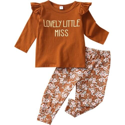 2Pcs Kids Autumn Tracksuit, Letters Print Long Sleeves T-Shirt + Floral Elastic Waist Pants for Girls 18 Months to 6 Years