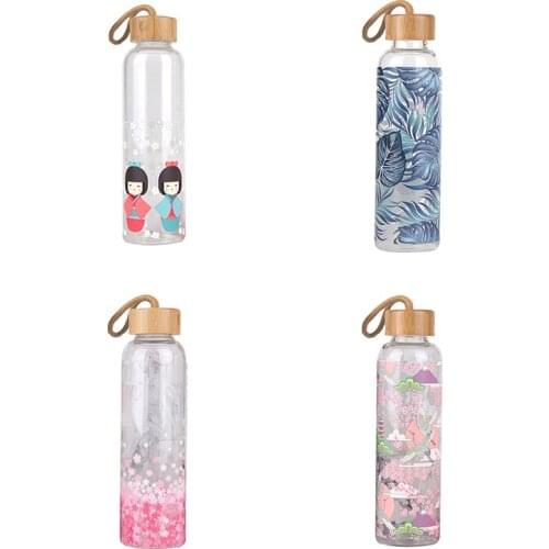 Cold Transparent Glass Water Bottles With Bamboo Lid Rope For Juice Tea Drink Cup Office Home Japanese Portable 550ml Carafe