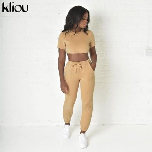 Kliou Casual Two Piece Set Women Sheath Stretchy Waist Short Top+Solid Bandage Sportywear Pants Casual Female Wear Outfits