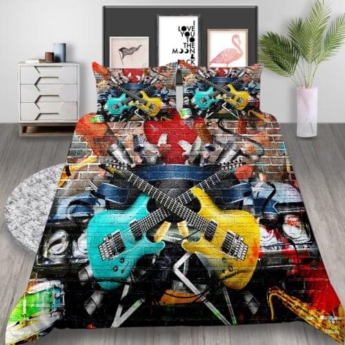 Thumbedding Graffiti Bedding Set Guitar Artistic Fashionable King Duvet Cover Street Style Queen Twin Full Single Double Bed Set