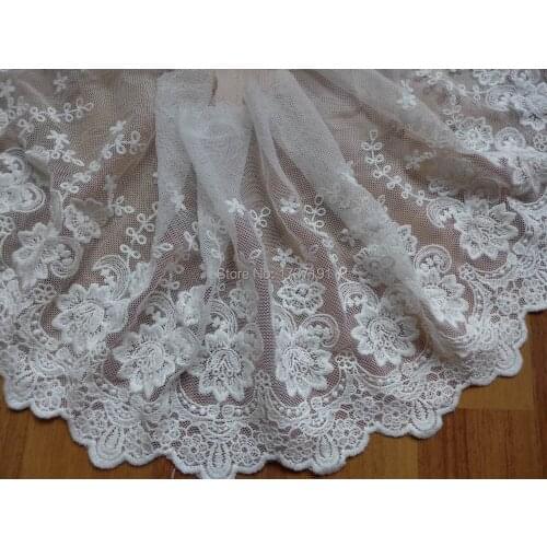 Beautiful White Embroidered Mesh Lace Fabric Trim 7.48 inch wide Wedding Dress Bridal Gown Supplies One Yard