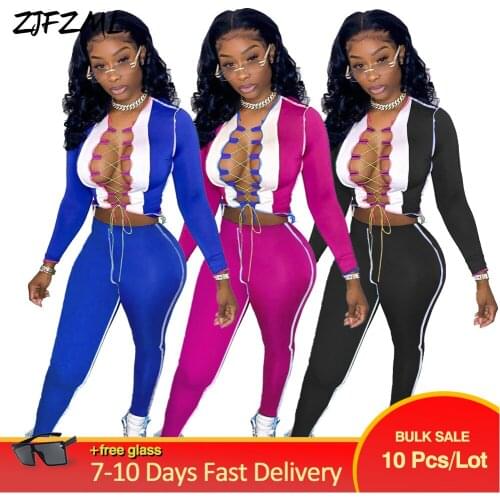 Bulk Items Wholesale Lots Womens Sweatsuit Color Block Spliced Full Sleeve Bandage T-shirt+bandage Workout Trouser Streetwear