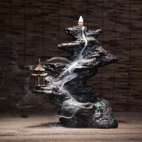 Backflow Incense Burner Resin Craft Gift Rockery Smoke Waterfall Landscape Zen Monk Meditation Buddha Incense Diffuser 20 Cones