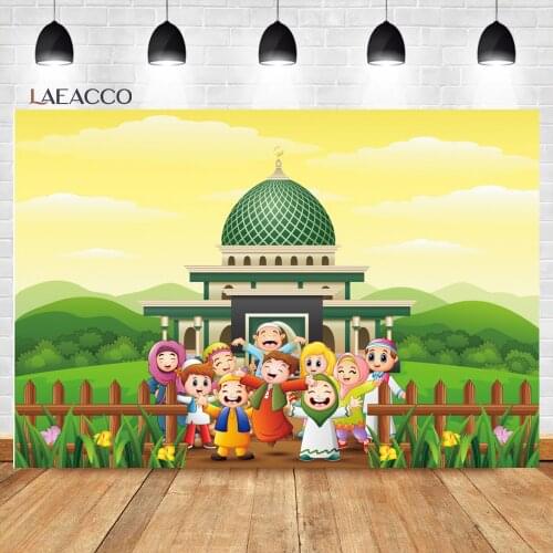 Laeacco Cartoon Outdoor Muslim Gathering Mosque Islam Photocall Backdrops Baby Child Poster Customized Photography Backgrounds
