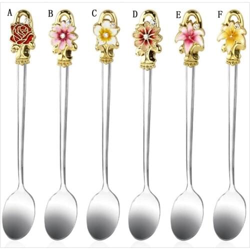 3D Flower Golden Handle Coffee Spoon Mixing Spoon Long Sculpturing Dessert Scoop Elegant Colored Enamel Stainless Steel 2pcs