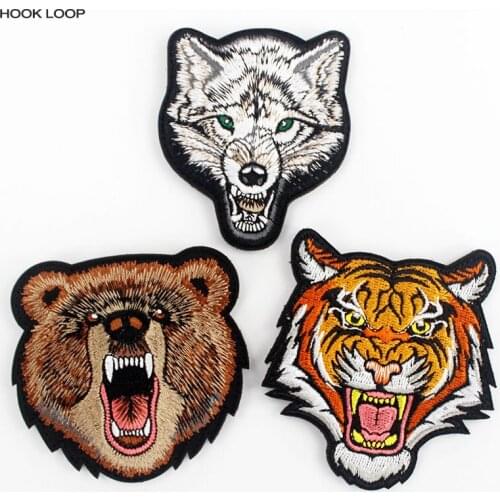 Bear Tiger Wolf Patches Hook Loop Beast Animal Badges Embroidered 3D Stickers Stick on Backpack Clothing 3 colors