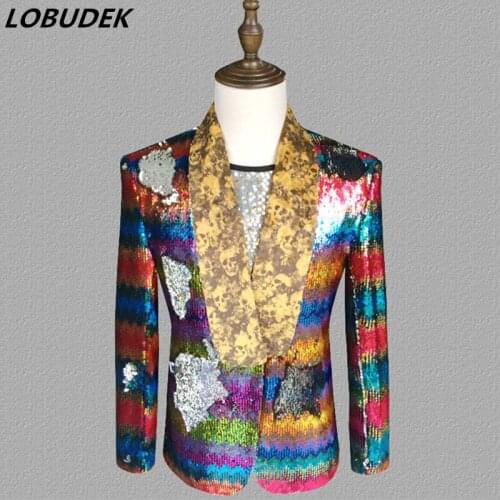 Fashion Colorized Sequins Blazers Mens Nightclub Stage Clothing Singer Host Performance Outerwear Concert Costume Casual Coat