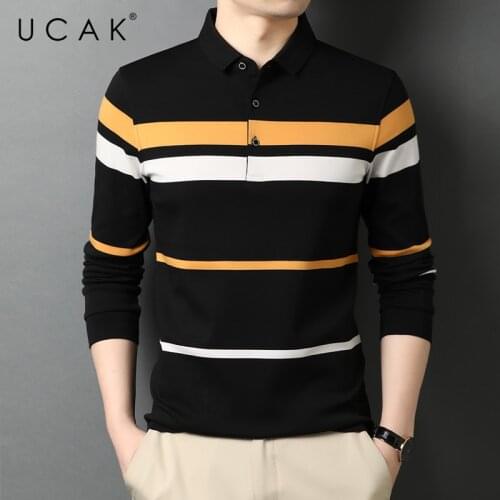 UCAK Brand Classic Casual Pure Cotton Turn-down Collar Striped T Shirt Men Clothes Autumn Streetwear Long Sleeve T-Shirts U5713