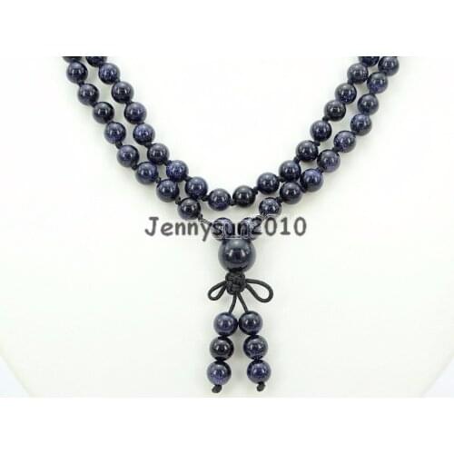 Natural Blue Sand 6mm Gems Stone Buddhist 108 Beads Prayer Mala Knot Necklace Multi-Purpose 5Strands/Pack