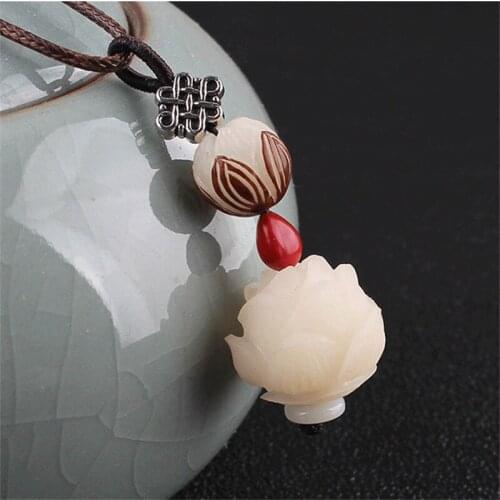 Handmade Carving Rose Necklace Flower Red Bean Bodhi Long Necklace Ethnic Jewelry Sweater Chain Gifts for Women Accessories