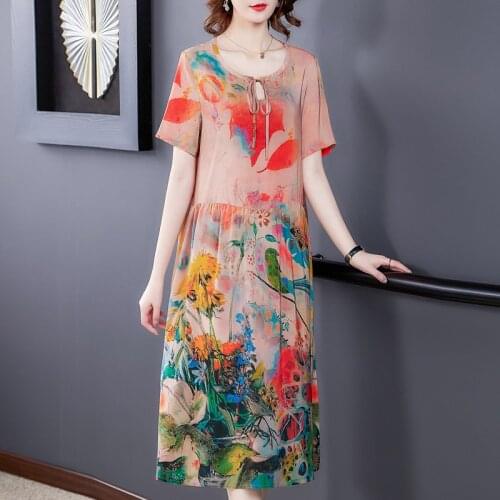 Silk silk dress women 2020 summer new loose large size middle-aged and elderly mothers printed