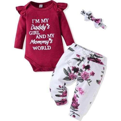 Vintage Newborn Baby Girls Clothes Set Letter Printed Romper+Floral Drawstring Waist Long Pants+Headband Infant Toddler Clothing