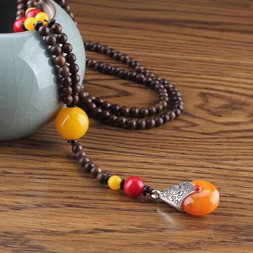 Vintage Nepal Long Buddhist Mala Wood Beaded Pendant & Necklace Ethnic Bohemian Boho Buddha Lucky Jewelry for Women Men