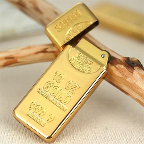 Gold Brick Free Fire Lighter Metal Gold Bar Grinding Wheel Butane Gas Flint Lighter Inflated Gasoline Oil Lighter Gadget For Man