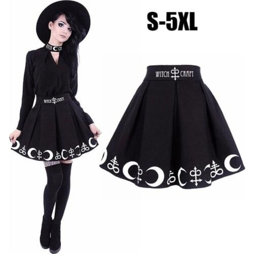 S-5XL Women Plus Size Black Elegent Restyle Witchcraft Moon & Occult Symbol Pleated Gothic Witch Lolita Skirt