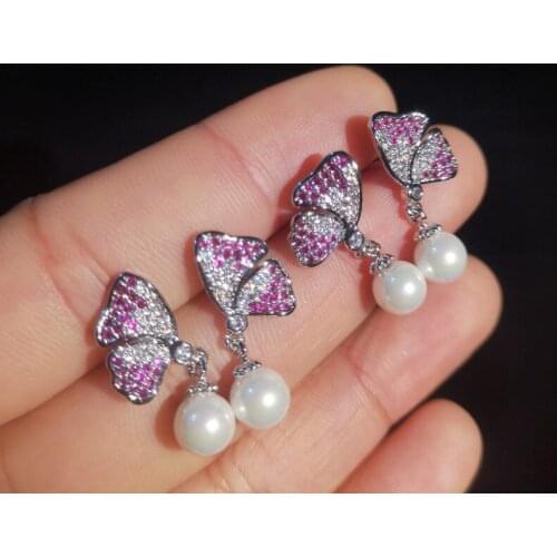 S925 Sterling Silver Needle Simple Pearl Pendant Earrings Pink Butterfly Wing Earrings Studs For Women CZ Jewelry