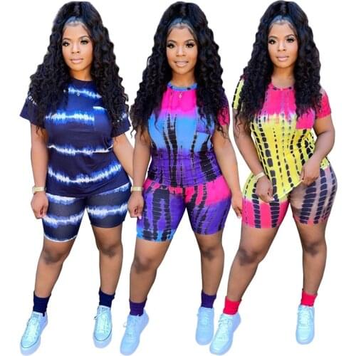 Plus Size Tie Dye 2 Piece Set Short Sleeve T Shirt Tops Biker Shorts Tracksuit Workout Summer Outfits Club Matching Sets
